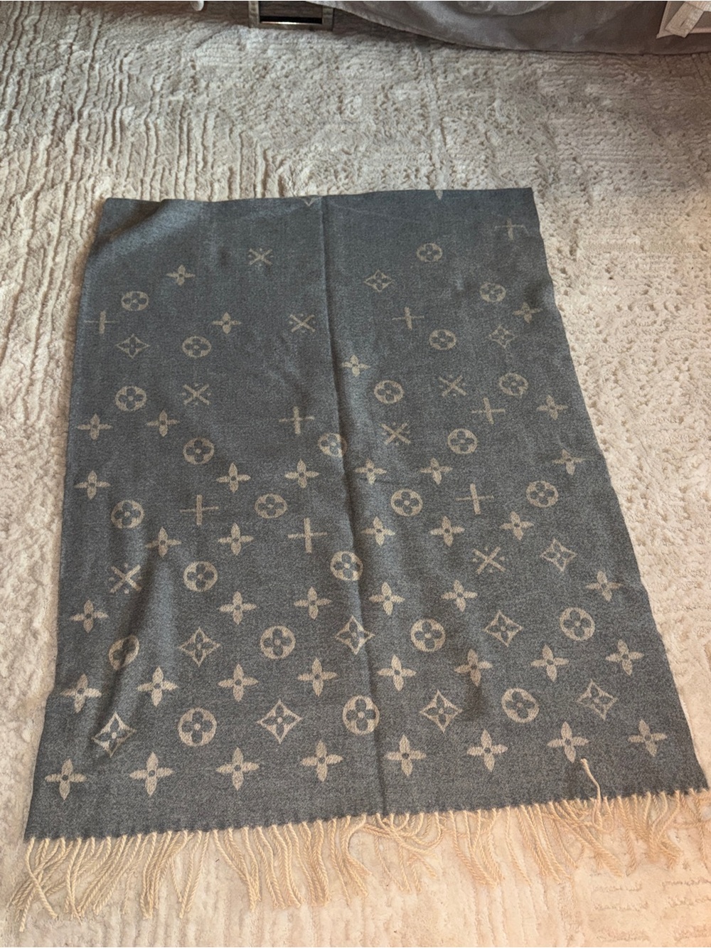 Luxury Monogram Wool Blend Scarf Wrap in Gray and Cream